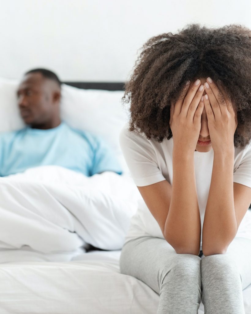 Sad lovers after quarrel ignoring, avoiding sex, frustrated couple not talking
